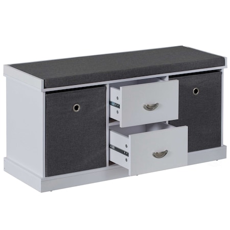 Basicwise White Shoe Storage Bench with Wooden Frame, 2 Drawers, Foldable Baskets and Comfortable Gray Cushion QI004202.WT